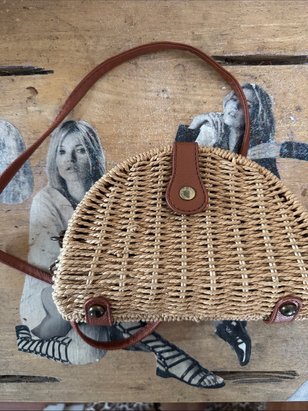 Woven Straw Crossbody Bag with Tan Trim